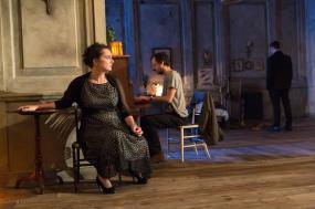 Kate Duchêne (Lyubov Ranevskaya) and Paul Hilton (Peter Trofimov) in The Cherry Orchard at the Young Vic Photo by Stephen Cummiskey