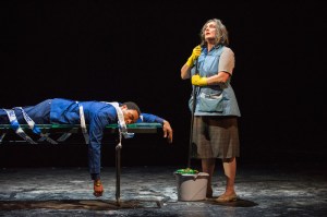 Kate Duchêne (God) and Chiwetel Ejiofor (Everyman). Photo by Richard Hubert Smith